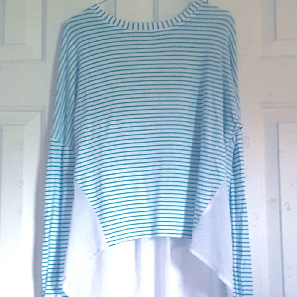 Teal And White Striped Long Sleeved Shirt